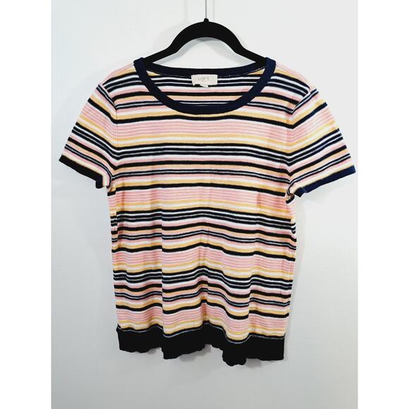 Loft Women's Pink Navy Yellow Stripe Sweater Tee Size Small Short Sleeve - Picture 1 of 4